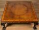 1910s Antique English Chippendale Burl Walnut Leather Top Coffee Table