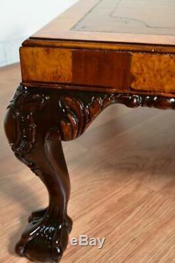 1910s Antique English Chippendale Burl Walnut Leather Top Coffee table