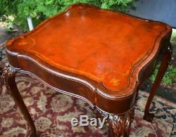 1920s pair of English Chippendale Mahogany leather top side tables / end tables