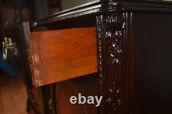 1940s Chinese Chippendale dark Mahogany Leather pair Nightstands bedsides tables