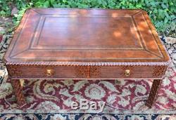 1940s Maitland Smith Chinese Chippendale Mahogany leather top coffee table