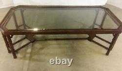 1970s Chinese Chippendale Faux Bamboo Smoked Glass Wood Coffee Table Vtg Drexel