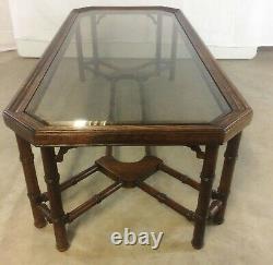 1970s Chinese Chippendale Faux Bamboo Smoked Glass Wood Coffee Table Vtg Drexel