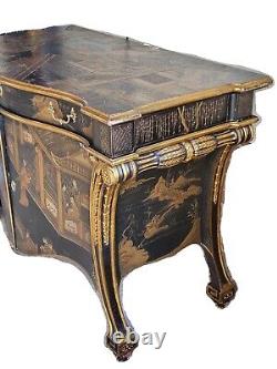 1980s Baker Furniture Hand Painted Black & Gold Chippendale Chinoiserie Commode