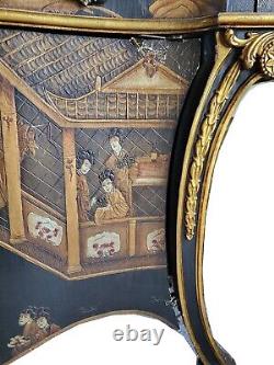 1980s Baker Furniture Hand Painted Black & Gold Chippendale Chinoiserie Commode