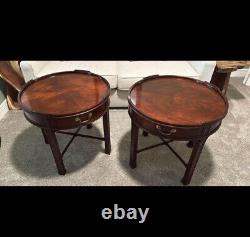 2 Baker Furniture Mahogany Accent End Drum Tables One Drawer Chinese