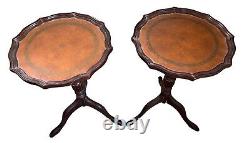 2 Vintage Chippendale Round Leather Top Side Tables