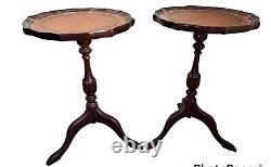 2 Vintage Chippendale Round Leather Top Side Tables