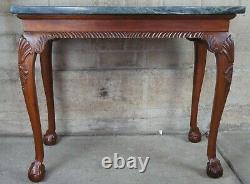 2 Vintage Chippendale Style Mahogany Carved Marble Hall Console Tables Ball Claw