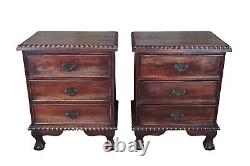 2 Vintage English Chippendale Style Mahogany 3 Drawer Bedside Table Nightstands