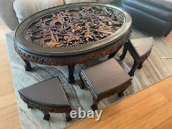 20th Century Asian Mahogany Carved Coffee/Tea Table with Glass-top And Stools