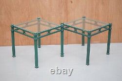 A Pair Of Vintage Pierre Vandel Paris Green Metal Lamp/side Table With Glass Top