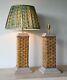 A Pair Of Soane Britain Style Vintage Rattan Wicker Brass Hall Side Table Lamps
