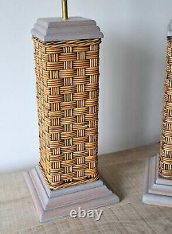 A Pair of Soane Britain Style Vintage Rattan Wicker Brass Hall Side Table Lamps