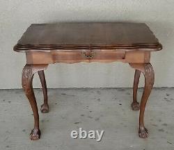 ANTIQUE 19c HAND CARVED SIDE TABLE DESK with CENTER DRAWER BALL AND CLAW LEG