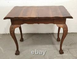 ANTIQUE 19c HAND CARVED SIDE TABLE DESK with CENTER DRAWER BALL AND CLAW LEG