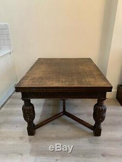 ANTIQUE HARRODS ENGLISH HAND CARVED OAK DINING TABLE CHAIRS 1900s CHIPPENDALE