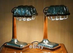 Amazing Pair Of Brown Leather Nickle Plated Chrome Table Lamps Adjustable Shades