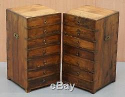 Anglo Indian Camphor Wood Military Campaign Chest Of Drawers Pair Bedside Table