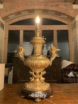 Antique 1920s Spanish Gilded Solid Brass Ornate Table Lamp, Rococo, Baroque