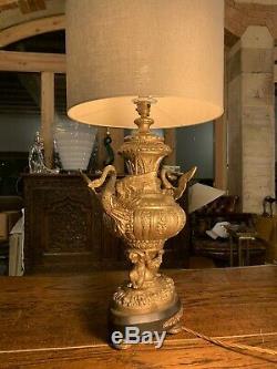 Antique 1920s Spanish Gilded Solid Brass Ornate Table Lamp, Rococo, Baroque