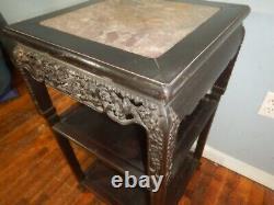 Antique Chinese Rosewood Carved Marble Top Table Plant stand