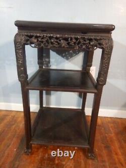 Antique Chinese Rosewood Carved Marble Top Table Plant stand