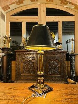 Antique Chinoiserie Black Lacquered Wooden Table Lamp
