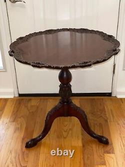 Antique Chippendale Folding Tray Table with Claw Foot Pedestal, Ornate Trim