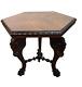 Antique Chippendale Richly Carved Walnut Hexagon Book Match Top Center Table