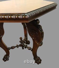 Antique Chippendale Richly Carved Walnut Hexagon Book Match Top Center Table