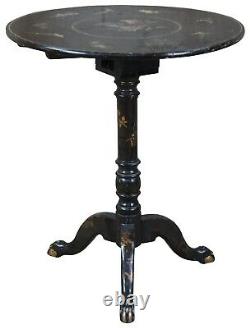 Antique Chippendale Style Black Lacquer MOP & Jade Inlaid Tea Table Chinoiserie