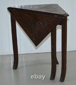 Antique English Oak Carved Drop Leaf Gate Leg Handkerchief Envelope Corner Table
