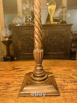 Antique English Oak Carved Table Lamp, Elizabethan Style Candlestick Lamp