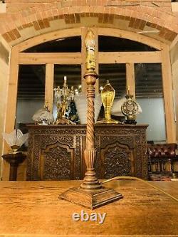 Antique English Oak Carved Table Lamp, Elizabethan Style Candlestick Lamp