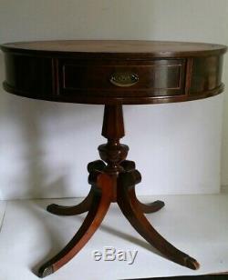 Antique Leather Top Round Mahogany Drum Table w Drawer Pedestal, Chippendale