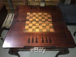 Antique Mahogany Chippendale Game Table Backgammon Chess Checkers Rare Inlay