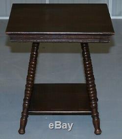 Antique William & Mary Revival Victorian Oak Bobbin Turned Lamp Wine Side Table