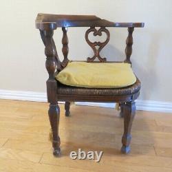 Antique Wood Carved Chippendale Style Corner Chair Rush Seat & Tasseled Cushion