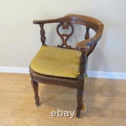 Antique Wood Carved Chippendale Style Corner Chair Rush Seat & Tasseled Cushion