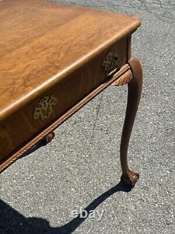 Antique tiger oak Chippendale 1 drawer work table claw ball feet carved solid