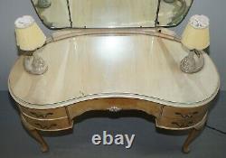 Art Deco Light Walnut Dressing Table With Built In Lights & Tri Folding Mirrors