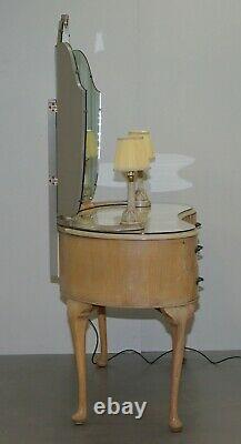 Art Deco Light Walnut Dressing Table With Built In Lights & Tri Folding Mirrors