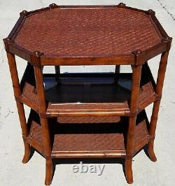 Asian Chippendale Style 3 Tier Bamboo Rattan Wicker Glass Side Occasional Table