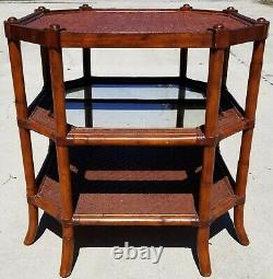 Asian Chippendale Style 3 Tier Bamboo Rattan Wicker Glass Side Occasional Table