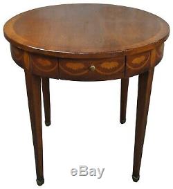 Baker Chippendale Round Inlaid Side End Table Pullout Tray Traditional Mahogany