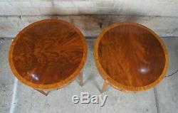 Baker Chippendale Round Inlaid Side End Table w Pullout Tray Flame Mahogany Burl