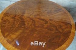 Baker Chippendale Round Inlaid Side End Table w Pullout Tray Flame Mahogany Burl