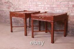 Baker Furniture Chinese Chippendale Carved Mahogany Bedside Tables, Refinished