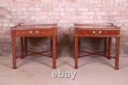 Baker Furniture Chinese Chippendale Carved Mahogany Nightstands or End Tables